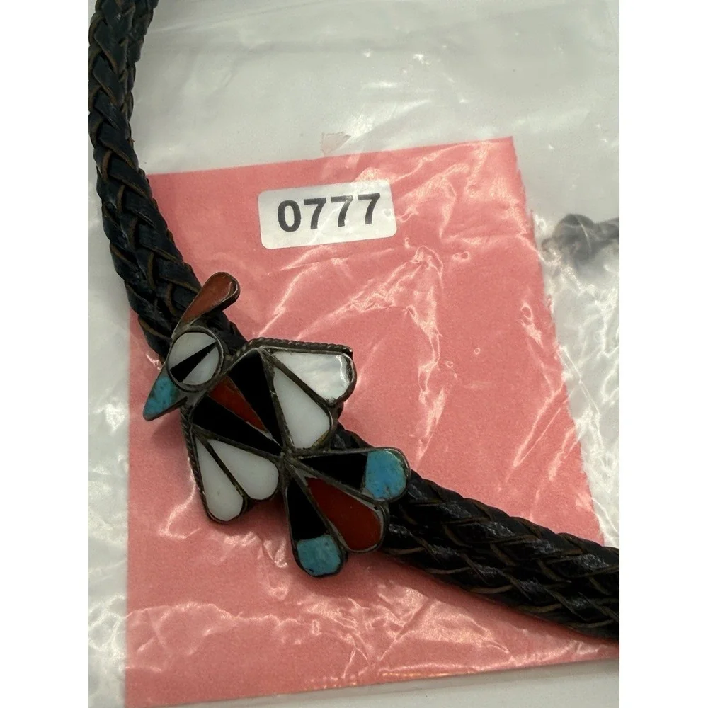Vintage Native American Zuni Bolo Tie Thunderbird Turquoise Inlay Leather READ